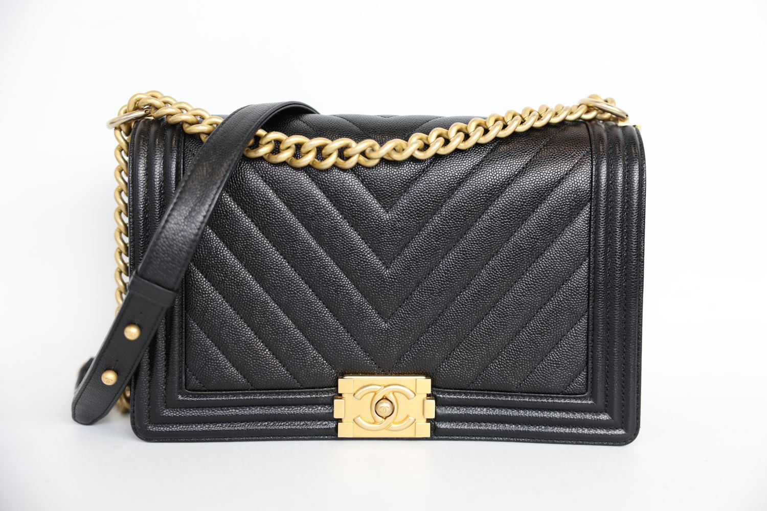 Chanel Boy Large Bag, Black Chevron Caviar Leather and Gold Hardware, Preowned No Dustbag WA001