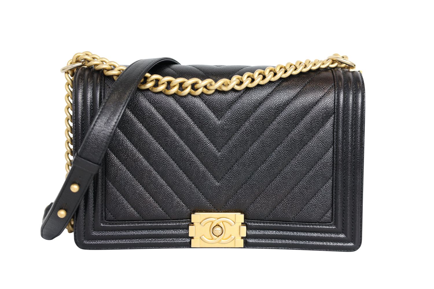Chanel Boy Large Bag, Black Chevron Caviar Leather and Gold Hardware, Preowned No Dustbag WA001