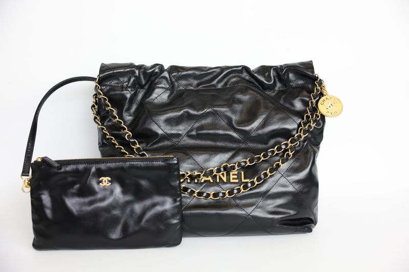 Chanel 22 Small Hobo Bag Set, Black Shiny Calfskin and Gold Hardware, Preowned in Box WA001