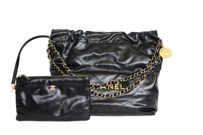 Chanel 22 Small Hobo Bag Set, Black Shiny Calfskin and Gold Hardware, Preowned in Box WA001