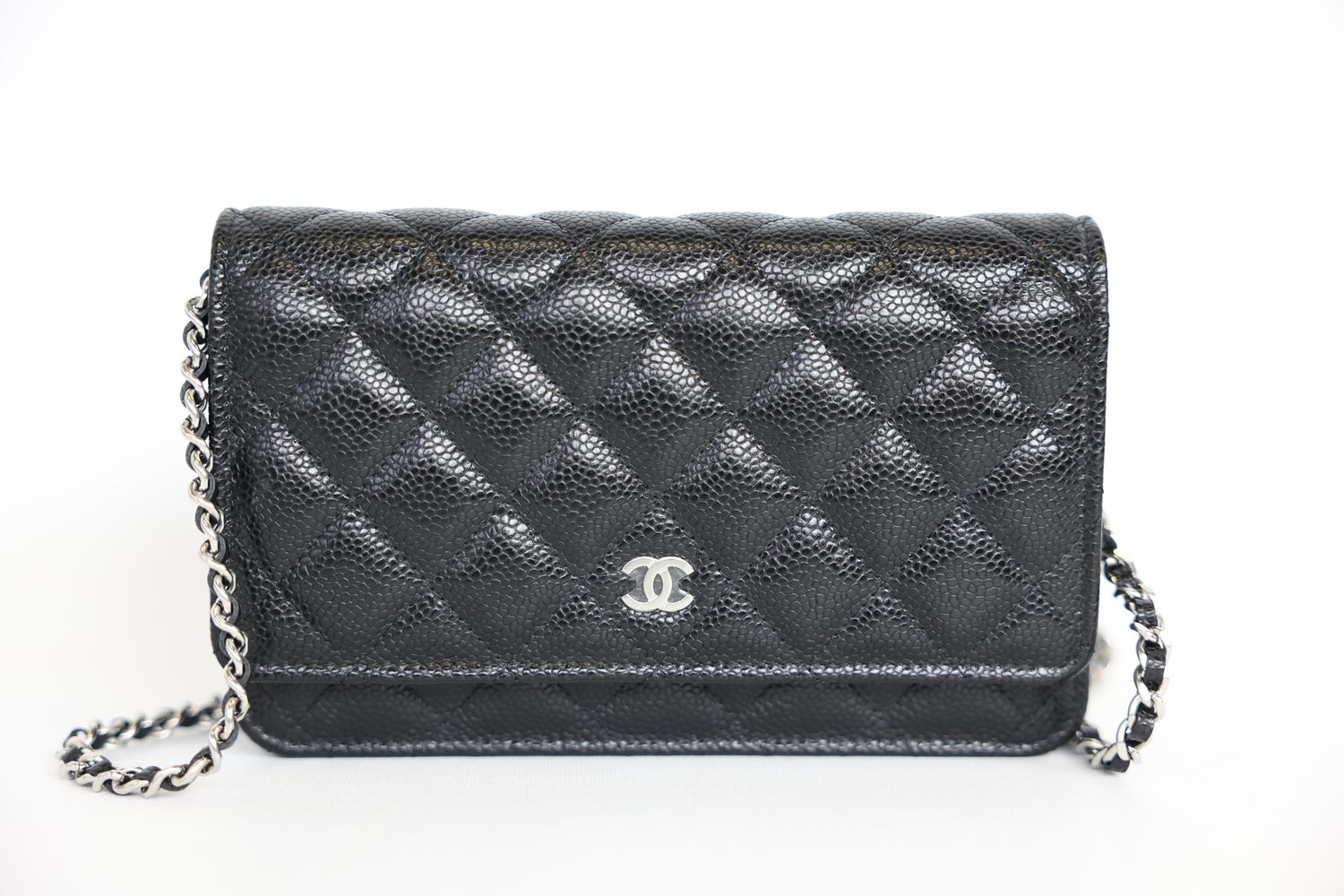 Chanel Wallet on Chain Bag, Black Quilted Caviar Leather and Silver Hardware, New in Box WA001