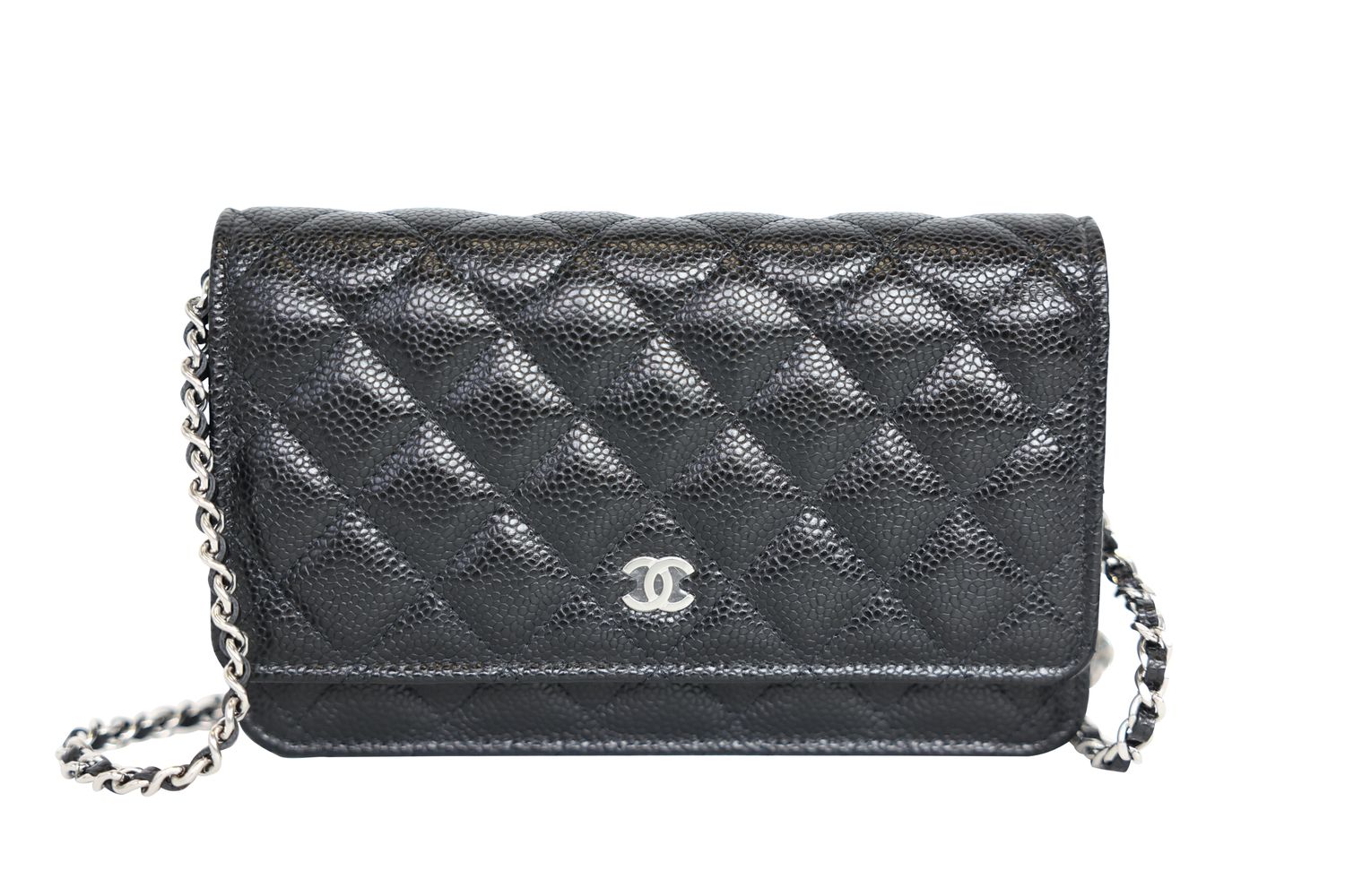 Chanel Wallet on Chain Bag, Black Quilted Caviar Leather and Silver Hardware, New in Box WA001