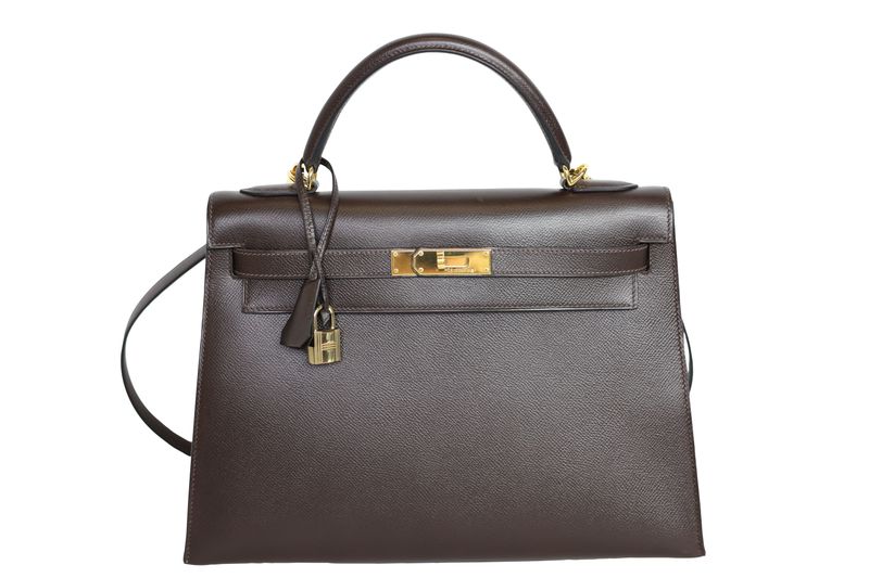 Hermes Kelly Sellier 32 Bag, Chocolate Brown Epsom Leather and Gold Hardware, E in Square 2001 Stamp, Preowned in Dustbag WA001