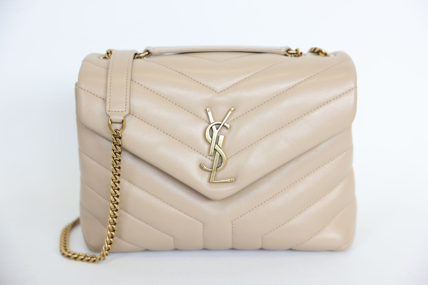Saint Laurent LouLou Small Shoulder Bag, Beige Y Quilt Leather and Gold Hardware, Preowned in Box WA001