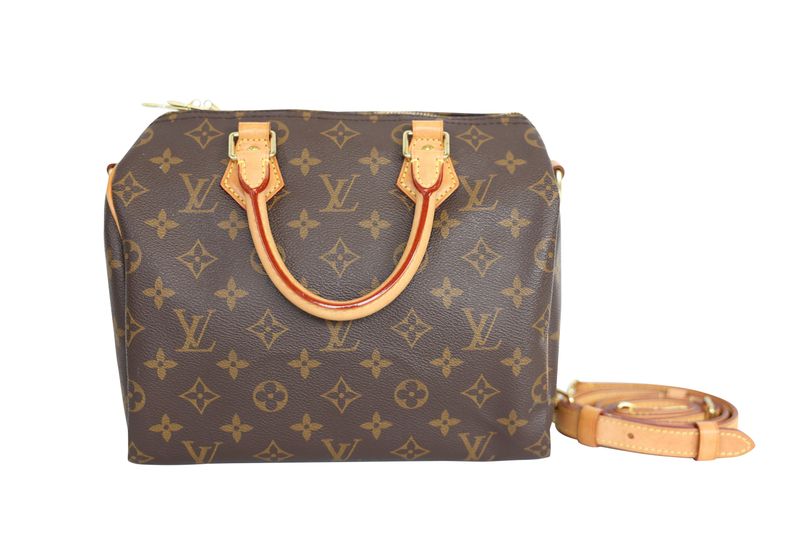 Louis Vuitton Speedy Bandouliere 25 Bag, Monogram Canvas and Natural Cowhide with Gold Hardware, Preowned in Box WA001