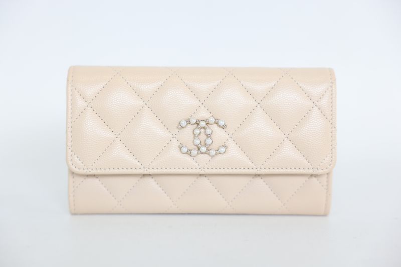 Chanel 21S Flap Wallet, Beige Quilted Caviar with Resin Pearl and Gold Hardware, New in Box WA001