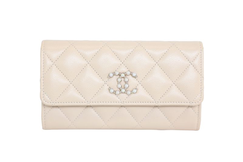 Chanel 21S Flap Wallet, Beige Quilted Caviar with Resin Pearl and Gold Hardware, New in Box WA001