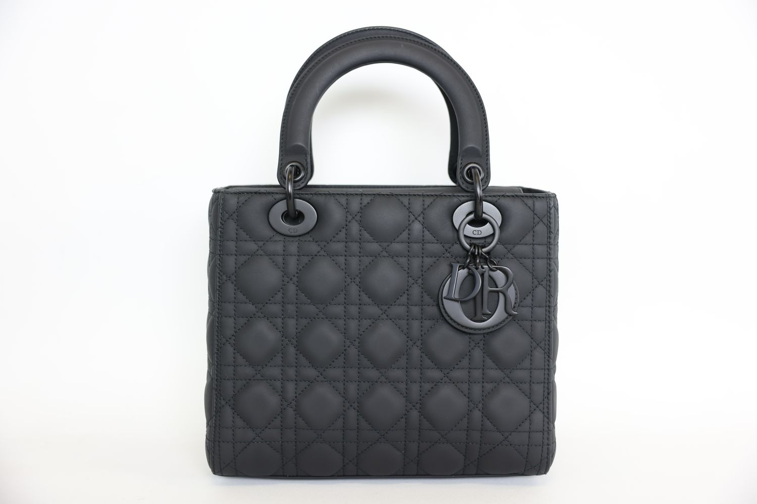 Christian Dior Lady Dior Medium Bag, Black Ultramatte Cannage Leather and Black Hardware, Preowned in Dustbag WA001