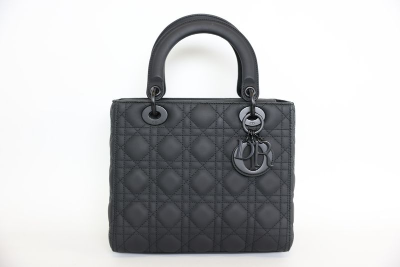 Christian Dior Lady Dior Medium Bag, Black Ultramatte Cannage Leather and Black Hardware, Preowned in Dustbag WA001