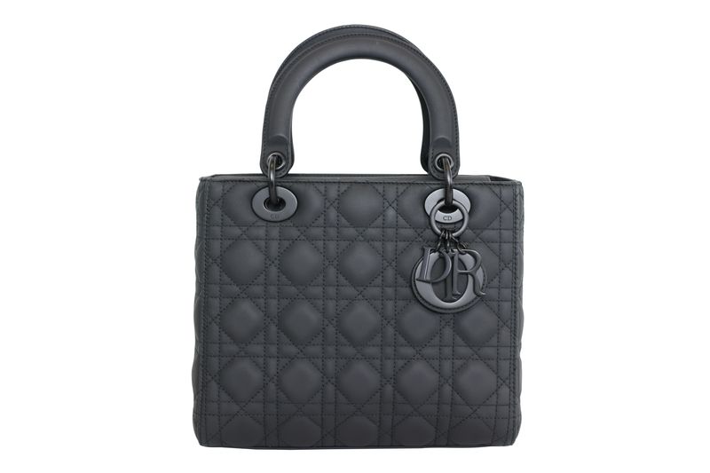 Christian Dior Lady Dior Medium Bag, Black Ultramatte Cannage Leather and Black Hardware, Preowned in Dustbag WA001