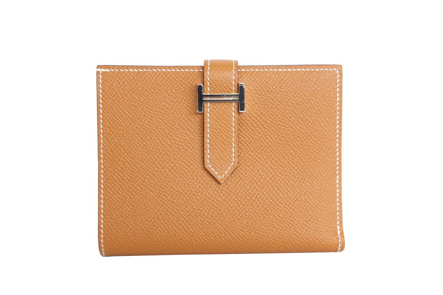 Hermes Bearn Compact Wallet, Tan Gold Epsom Leather with Palladium Hardware, Y 2020 Stamp, New in Box WA001
