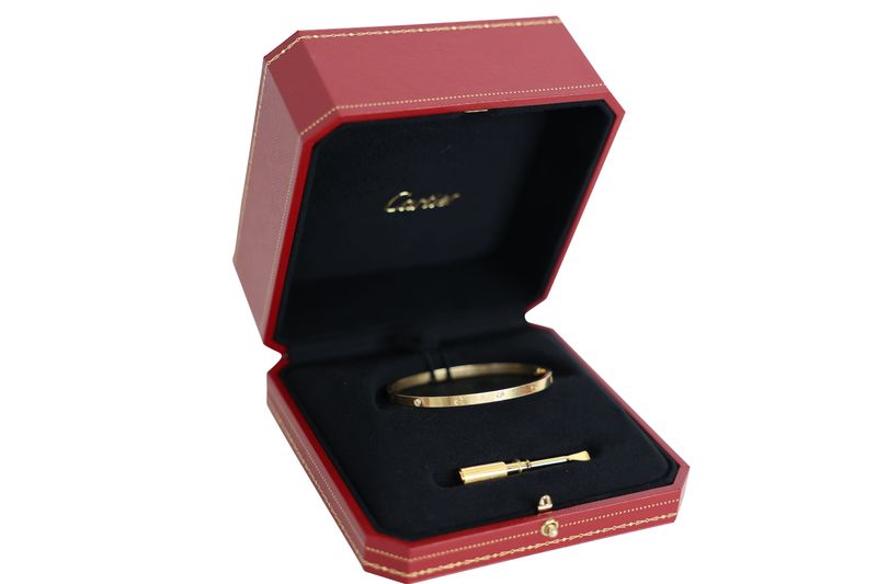 Cartier Love Bracelet Small Model, 18k Yellow Gold with Diamonds, Size 17, Preowned in Box WA001
