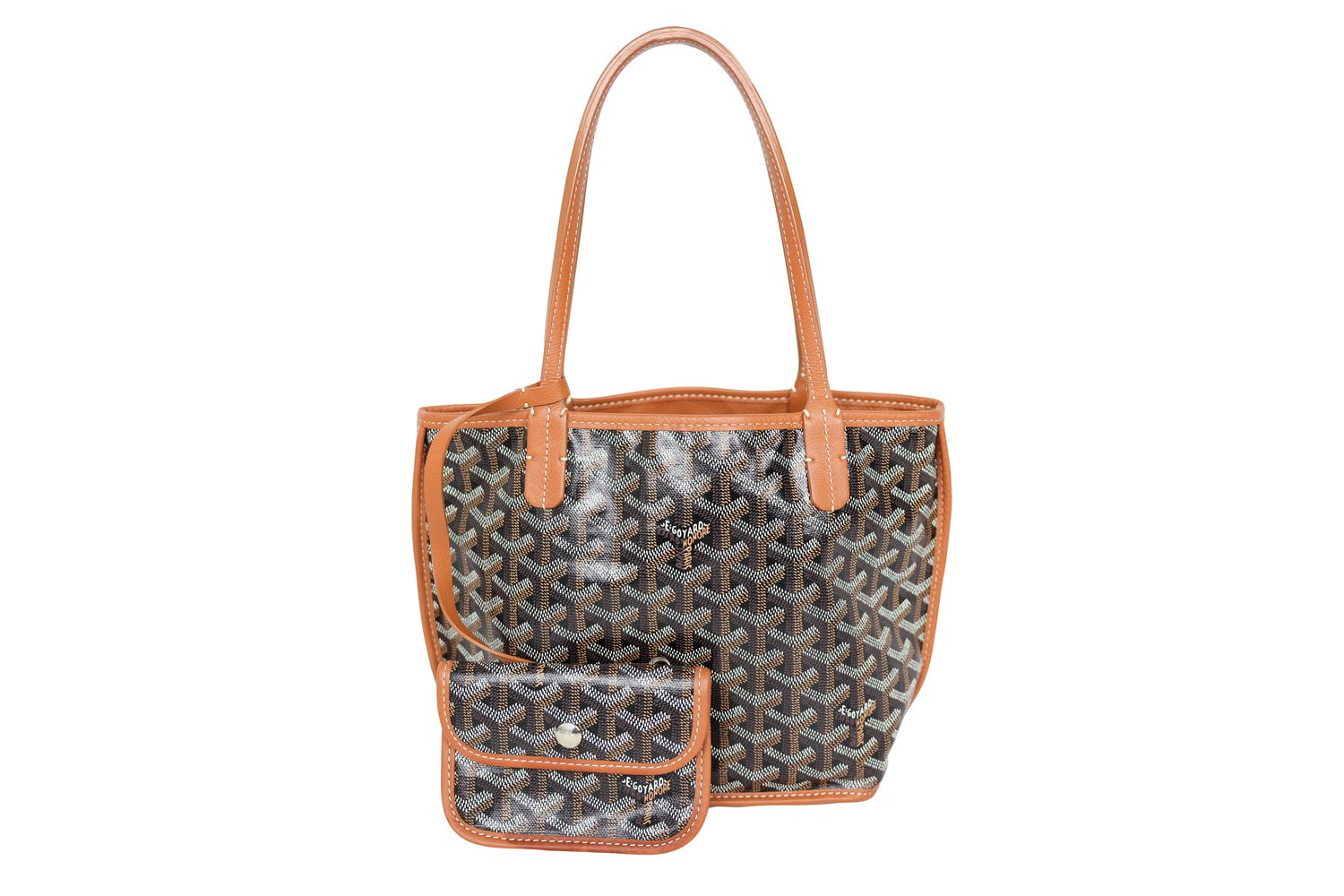 Goyard Anjou Mini Tote, Black Goyardine Canvas and Tan Leather with Palladium Hardware, Preowned in Dustbag WA001