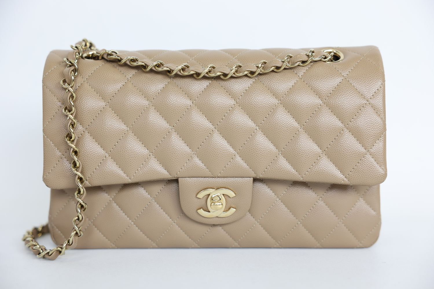 Chanel Classic Medium Bag, Dark Beige Quilted Caviar Leather and Gold Hardware, Preowned in Dustbag WA001