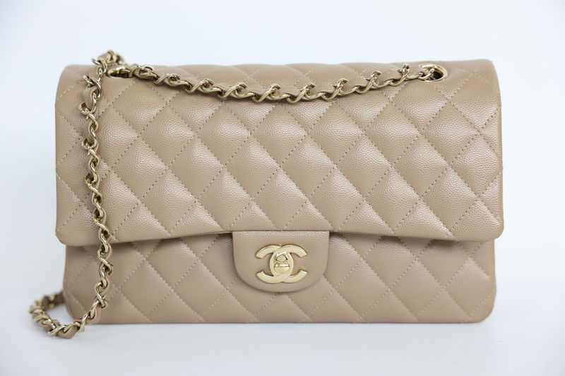 Chanel Classic Medium Bag, Dark Beige Quilted Caviar Leather and Gold Hardware, Preowned in Dustbag WA001