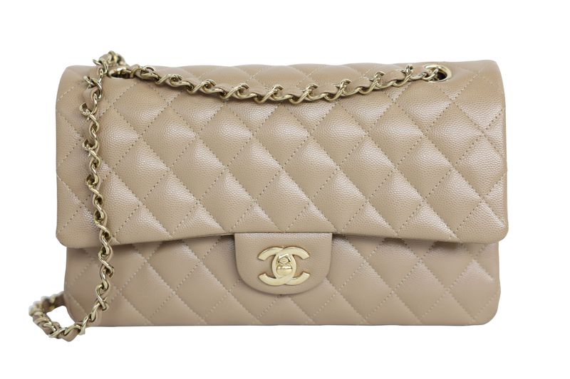 Chanel Classic Medium Bag, Dark Beige Quilted Caviar Leather and Gold Hardware, Preowned in Dustbag WA001