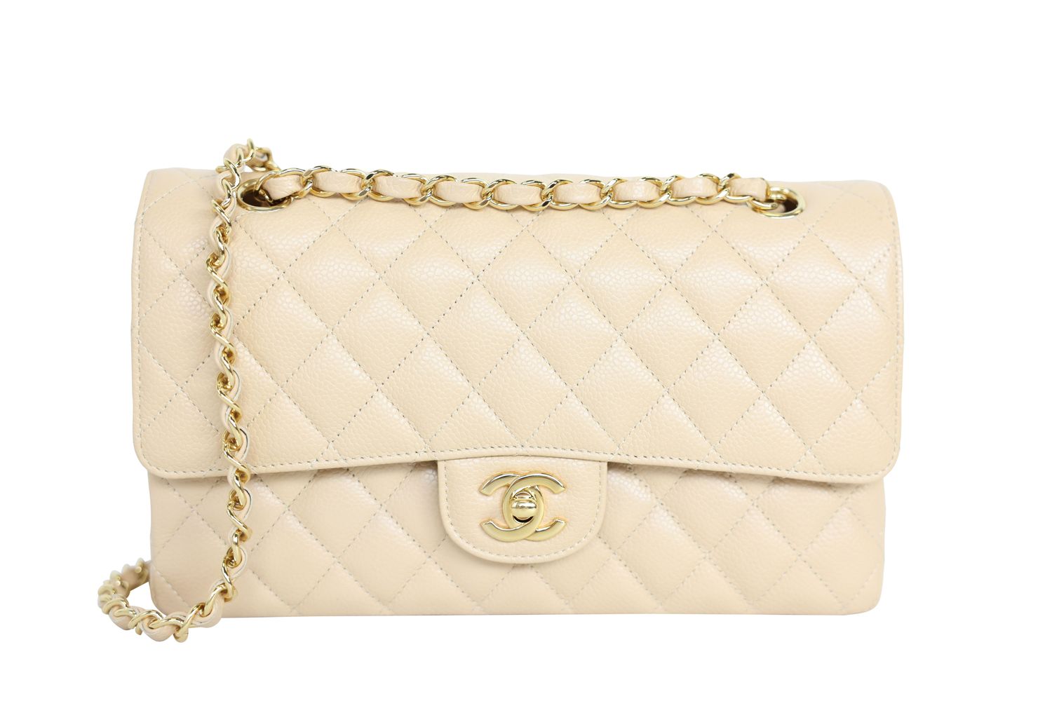 Chanel Classic Medium Bag, Beige Quilted Caviar Leather and Gold Hardware, Preowned in Box WA001