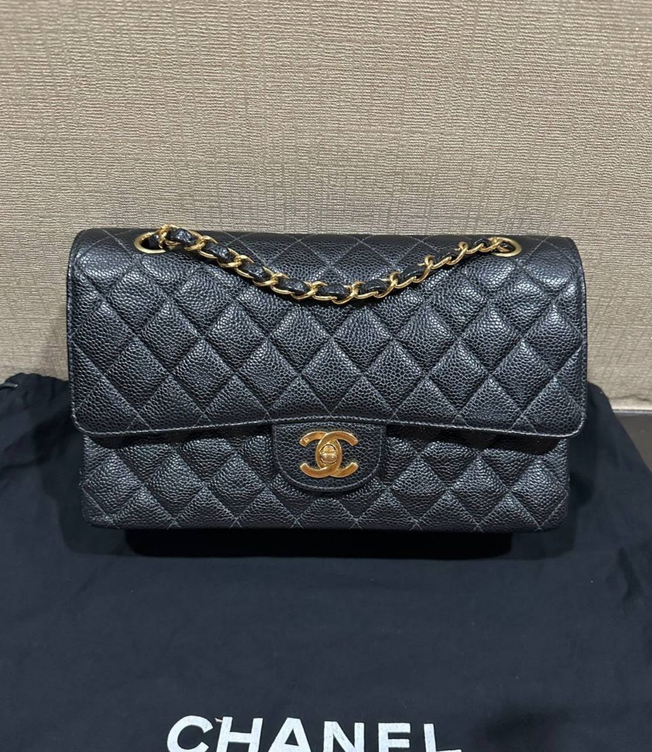 Preorder Chanel Classic Flap, Vintage, Medium, Black Caviar Leather, 24K Gold Hardware, Preowned in Box CC001