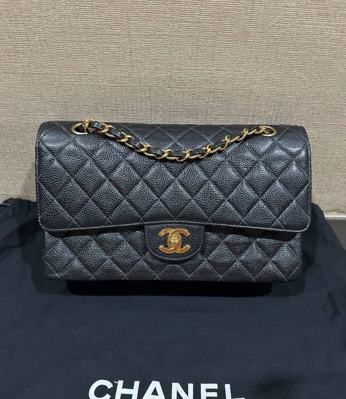 Preorder Chanel Classic Flap, Vintage, Medium, Black Caviar Leather, 24K Gold Hardware, Preowned in Box CC001