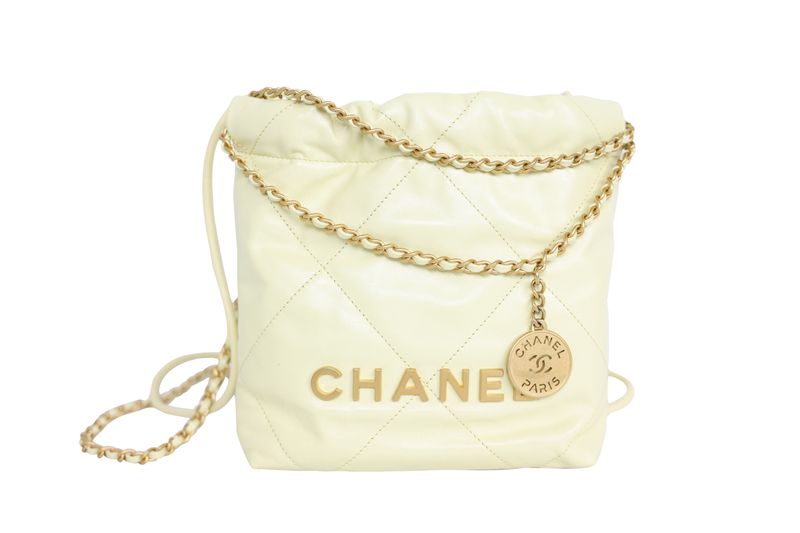 Chanel 22 Mini Hobo Bag, Light Yellow Calfskin and Gold Hardware, Preowned in Box WA001