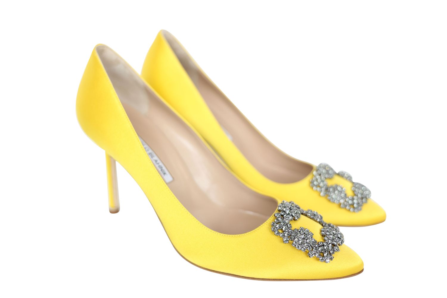 Manolo Blahnik Jewel Buckle Pump Shoes, Yellow Satin with Crystal, Size 40, New in Dustbag WA001