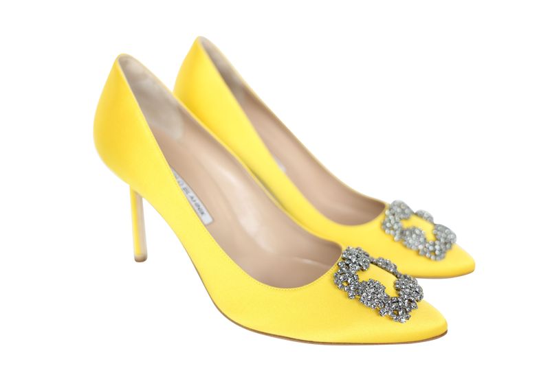Manolo Blahnik Jewel Buckle Pump Shoes, Yellow Satin with Crystal, Size 40, New in Dustbag WA001