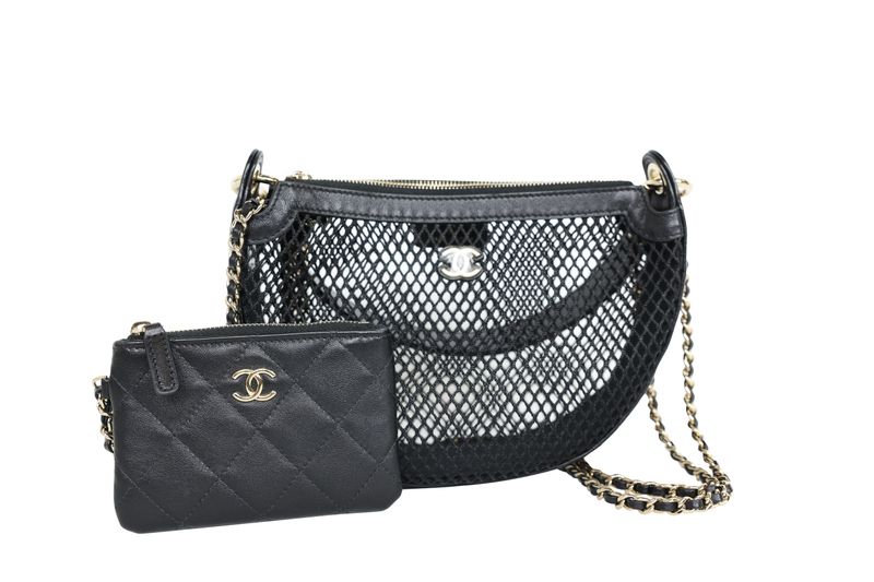 Chanel  25P Mesh Chain Hobo Bag Set, Black Lambskin and Textile with Gold Hardware, New in Box WA001