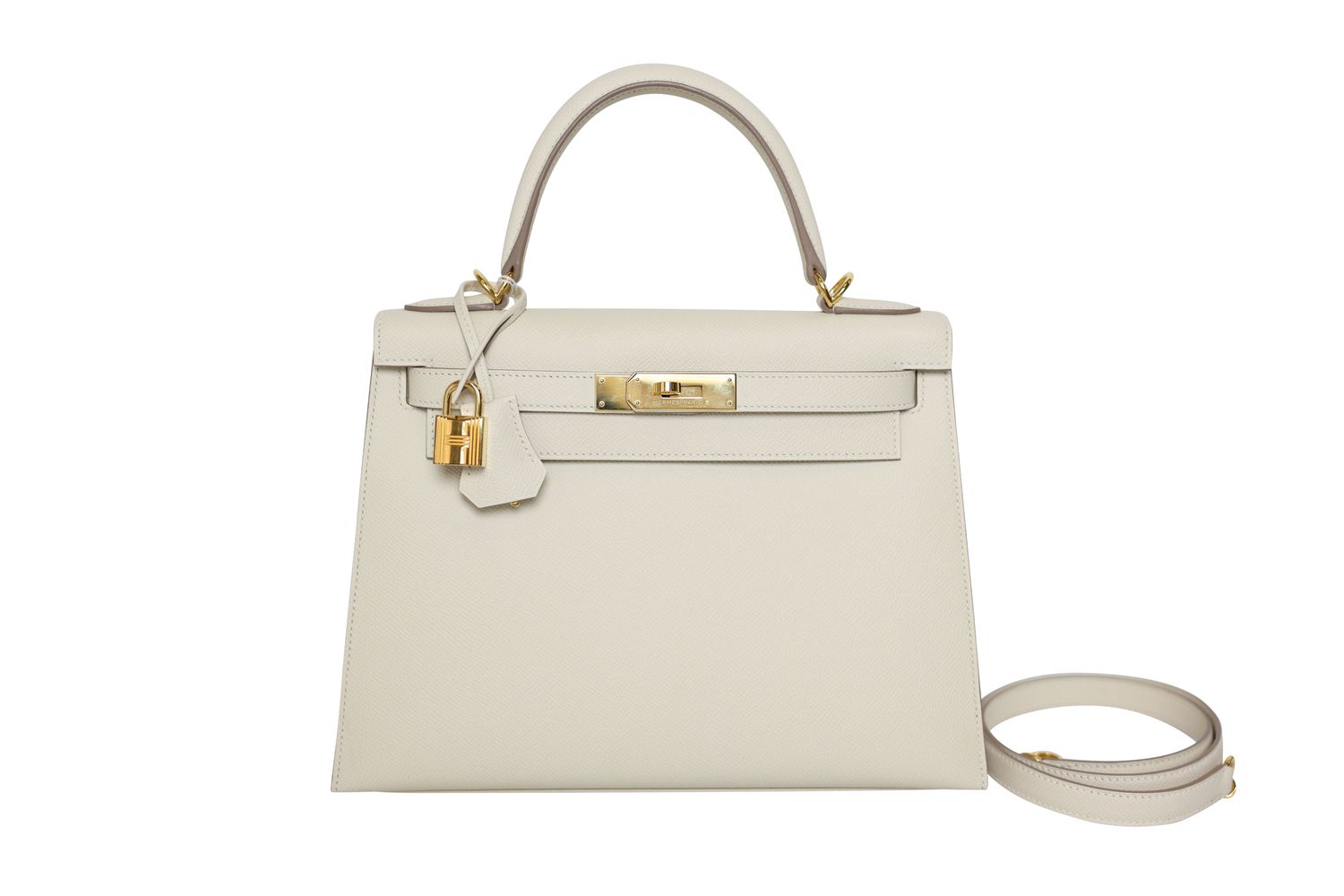 Hermes Kelly 28 Handbag, Cream White Craie Epsom Leather and Gold Hardware, Y 2020 Stamp, Preowned in Box WA001