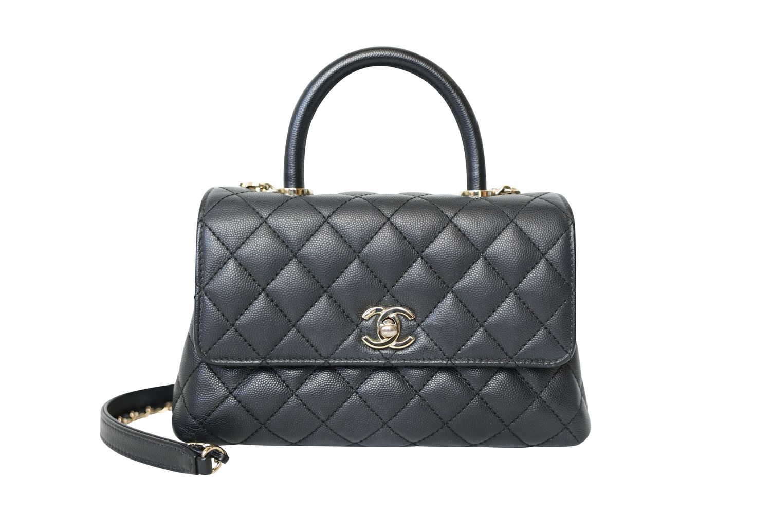 Chanel Coco Handle 21A Mini Bag, Black Navy Quilted Caviar and Gold Hardware, Preowned in Box WA001