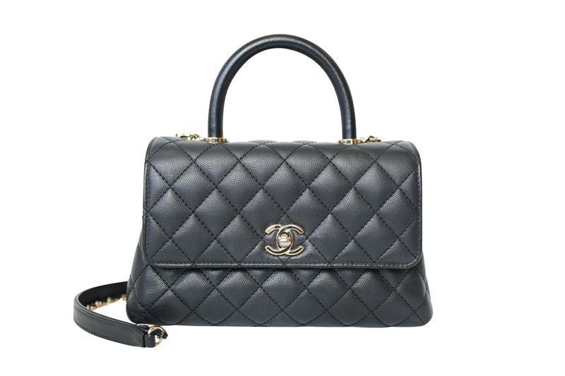 Chanel Coco Handle 21A Mini Bag, Black Navy Quilted Caviar and Gold Hardware, Preowned in Box WA001