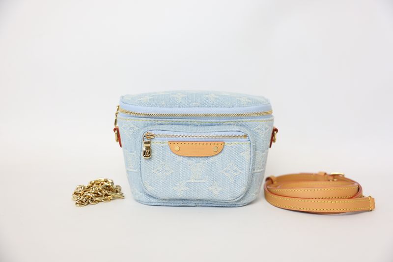 Louis Vuitton Mini Bumbag, Sky Blue Monogram Denim with Natural Leather and Gold Hardware, New in Dustbag WA001