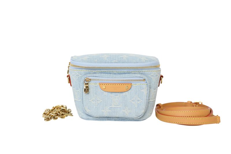 Louis Vuitton Mini Bumbag, Sky Blue Monogram Denim with Natural Leather and Gold Hardware, New in Dustbag WA001