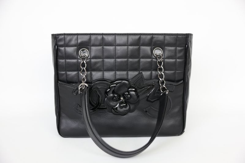 Chanel Camellia No.5 Tote Bag, Black Lambskin Leather and Silver Hardware, Preowned in Dustbag WA001