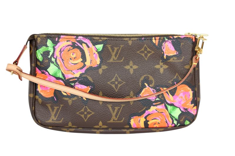 Louis Vuitton x Stephen Sprouse Pochette Bag, Monogram Roses Canvas and Natural Leather with Gold Hardware, Preowned in Dustbag WA001