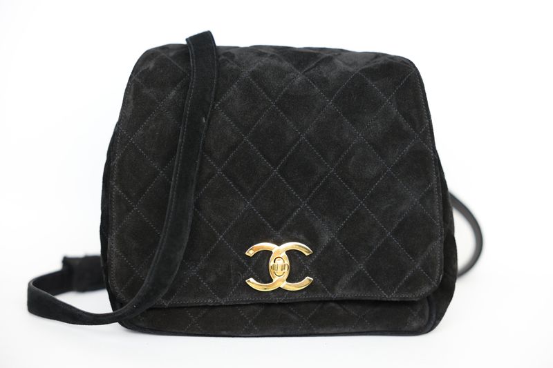 Chanel Vintage Quilted Backpack Bag, Black Suede and Gold Hardware, Preowned in Dustbag WA001