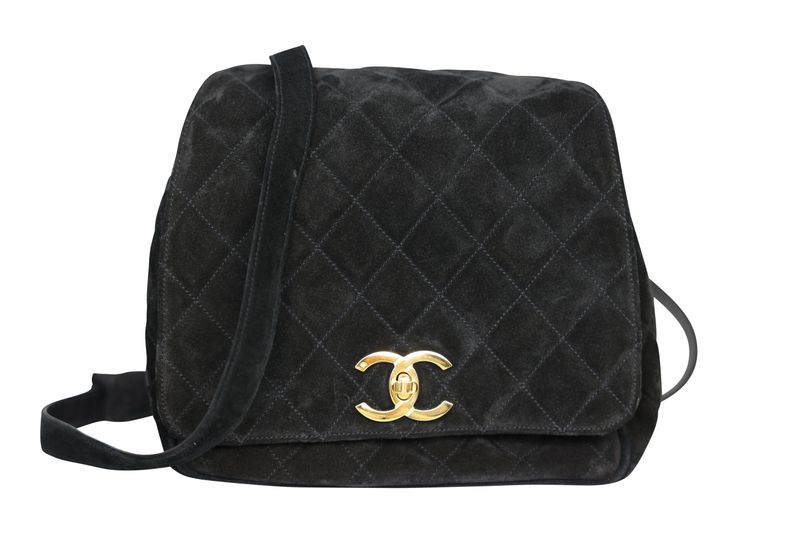 Chanel Vintage Quilted Backpack Bag, Black Suede and Gold Hardware, Preowned in Dustbag WA001