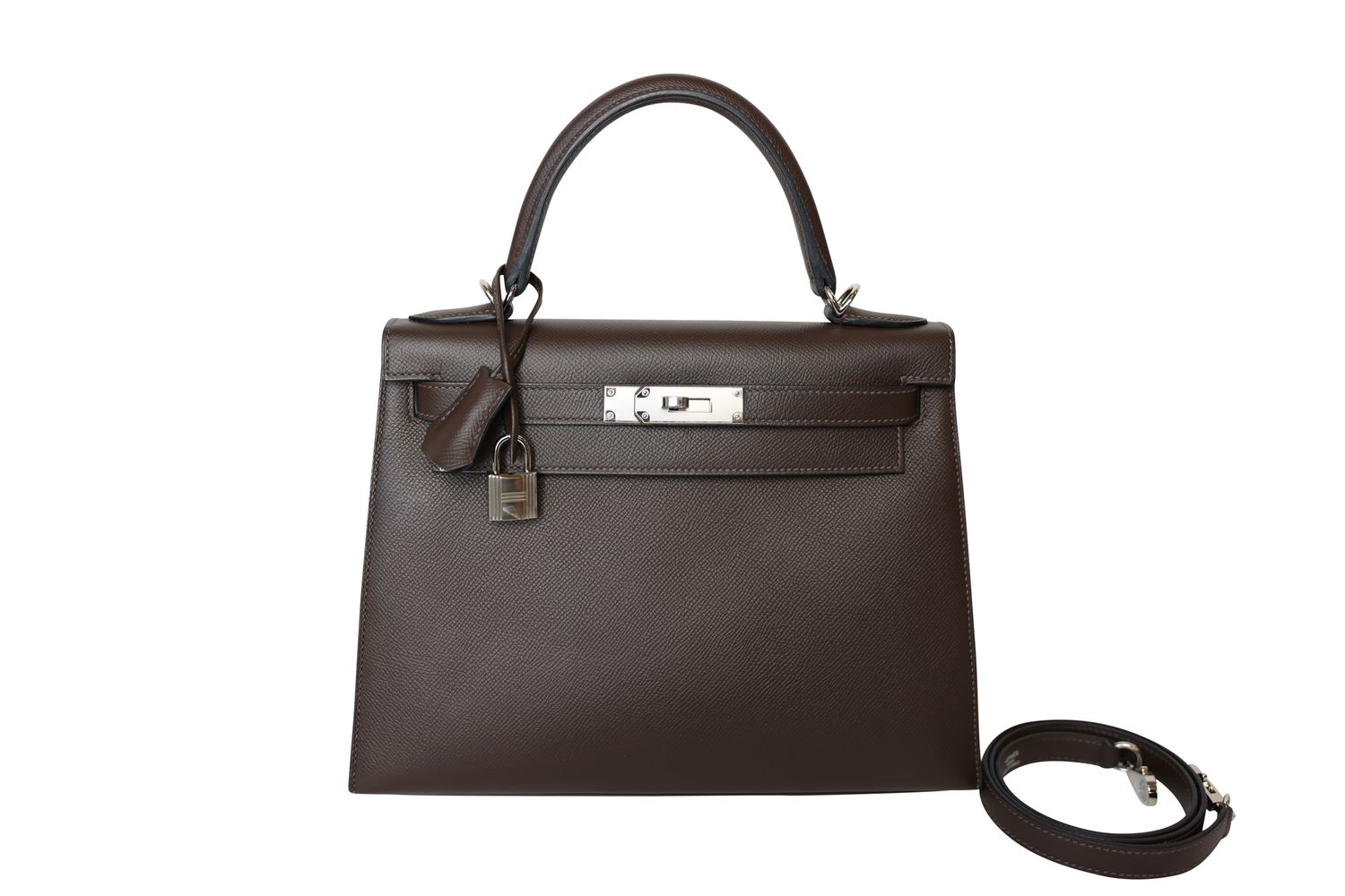 Hermes Kelly 28 Handbag, Dark Brown Leather and Palladium Hardware, D 2019 Stamp, Preowned in Dustbag WA001