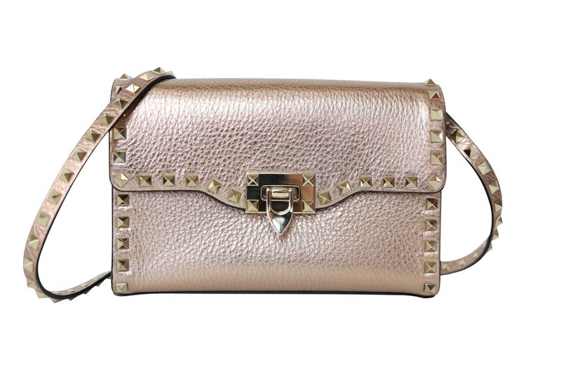 Valentino Garavani Rockstud Crossbody Small Bag, Rose Gold Grained Calfskin and Gold Hardware, New in Dustbag WA001