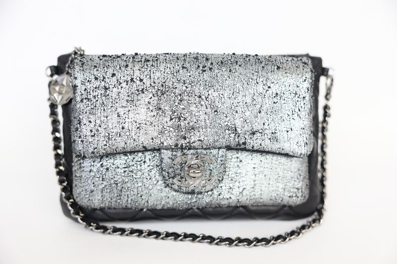 Chanel Mineral Nights Flap Bag, Black Lambskin Leather and Metallic Silver with Silver Hardware, Preowned in Box WA001