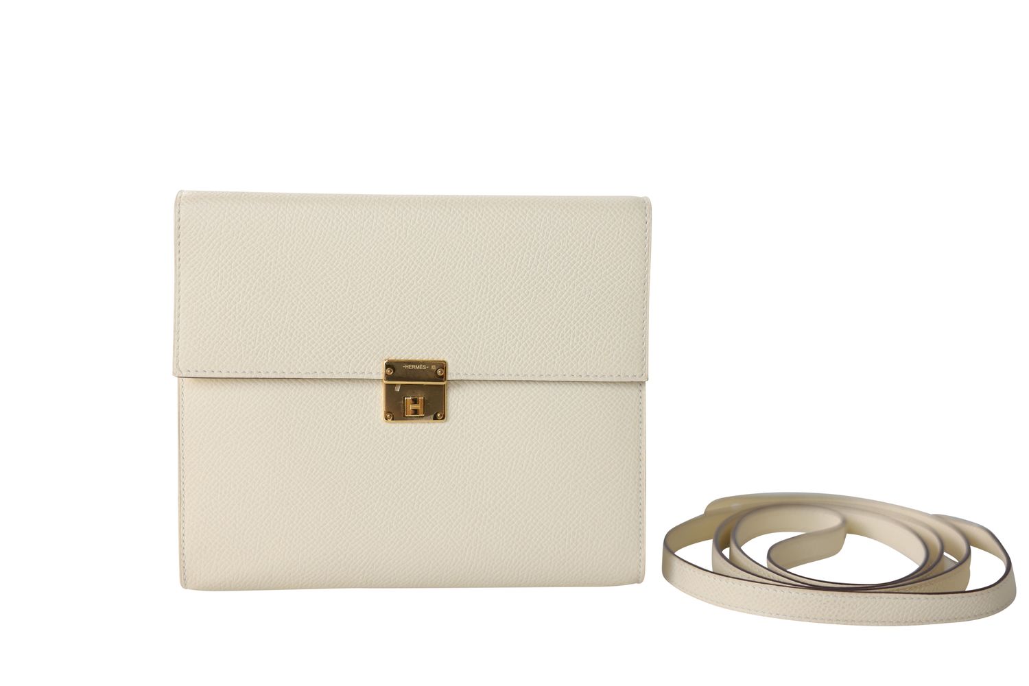 Hermes Clic 16 Wallet on Strap Bag, Cream White Nata and Tan Biscuit Epsom Leather and Gold Hardware, U 2022 Stamp, Preowned in Box WA001