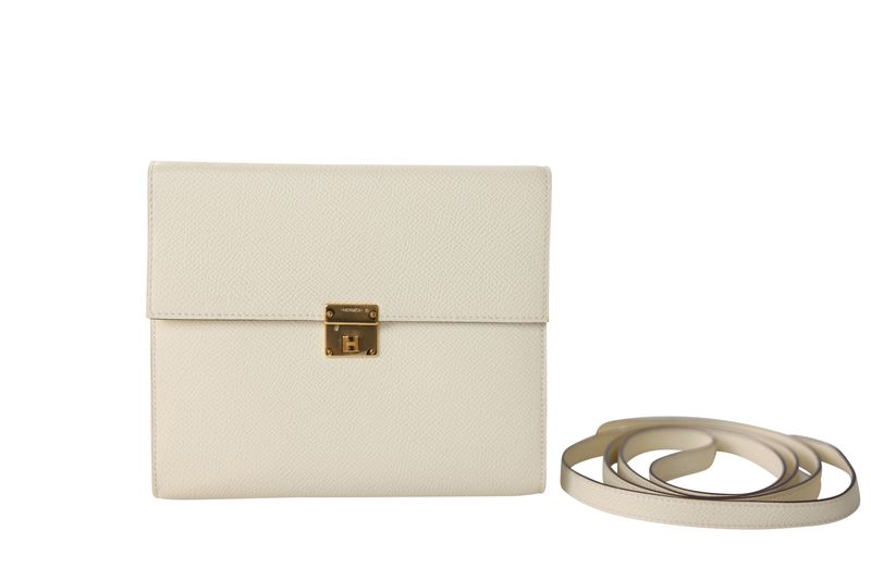 Hermes Clic 16 Wallet on Strap Bag, Cream White Nata and Tan Biscuit Epsom Leather and Gold Hardware, U 2022 Stamp, Preowned in Box WA001