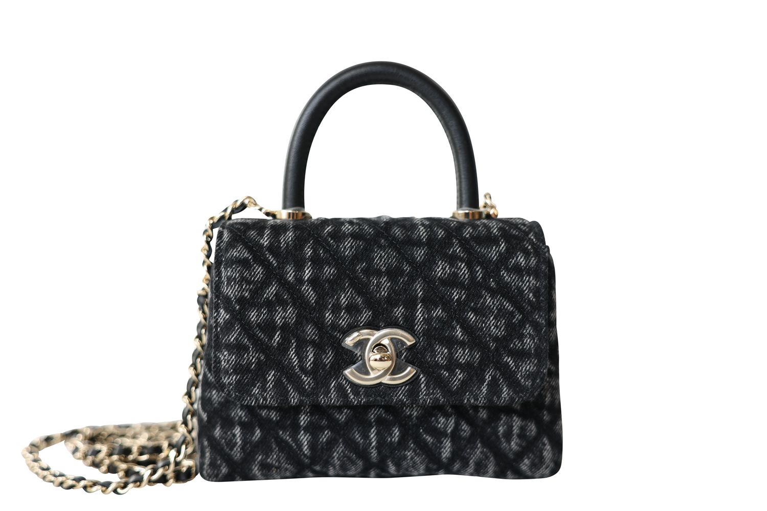 Chanel  26P Clutch with Chain Mini Top Handle Bag, Black Washed Denim and  Gold Hardware, New in Box WA001