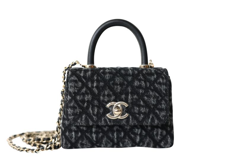 Chanel  26P Clutch with Chain Mini Top Handle Bag, Black Washed Denim and  Gold Hardware, New in Box WA001