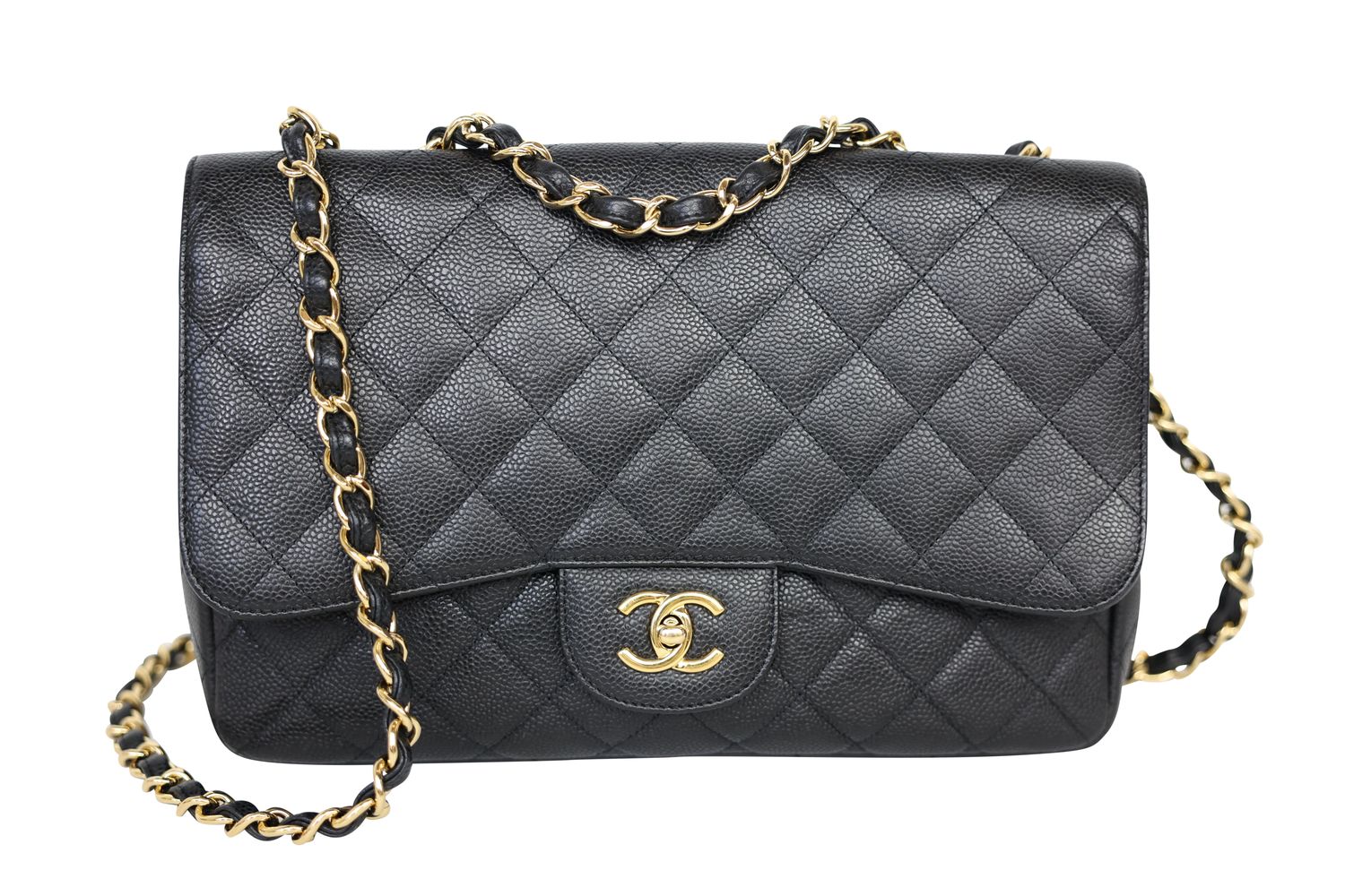 Chanel Single Flap Jumbo Bag, Black Quilted Caviar and Gold Hardware, Preowned in Box WA001