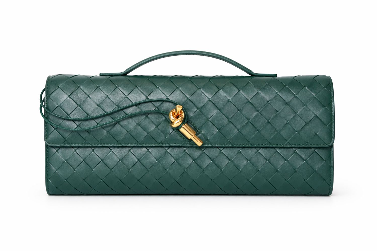 Bottega Veneta Andiamo Clutch, Emerald Green Intrecciato Leather with Gold Hardware, New in Box MA001