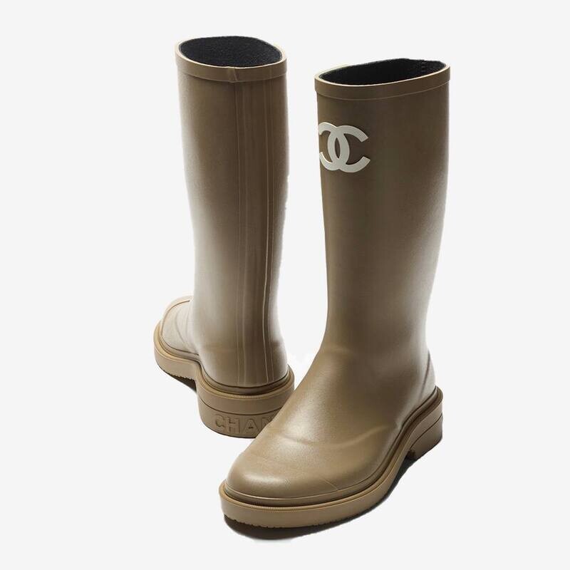 Chanel Shoes Rain Boots Wellies Dark Beige, Size 38, New in Box WA001