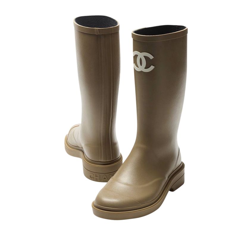 Chanel Shoes Rain Boots Wellies Dark Beige, Size 38, New in Box WA001
