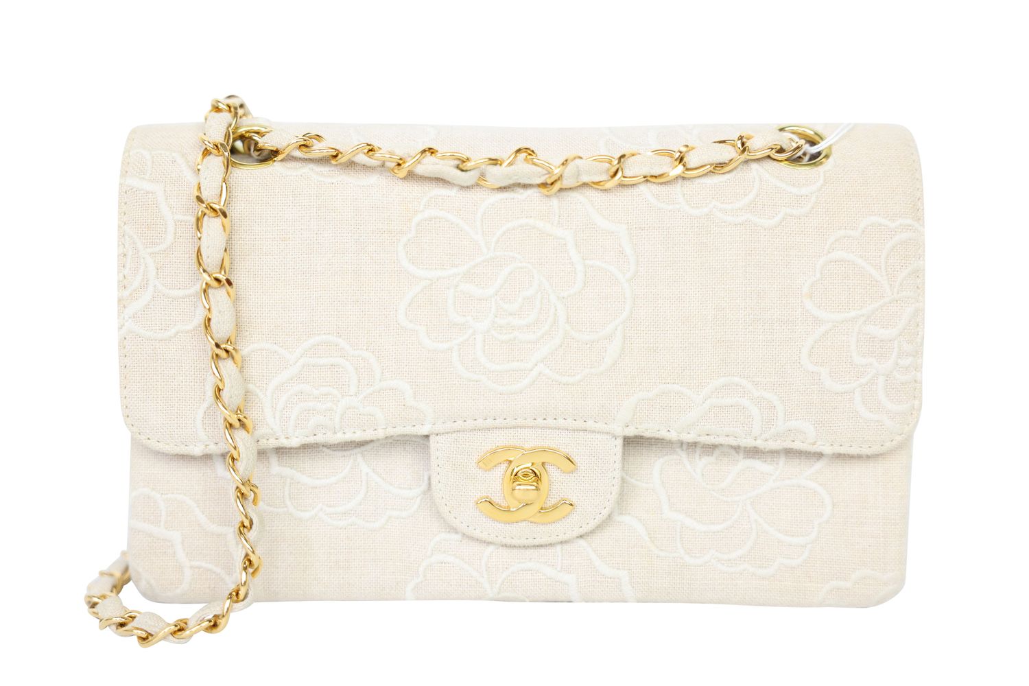 Chanel Camellia Double Flap Small Bag, White Ivory Canvas and Gold Hardware, Preowned in Dustbag WA001