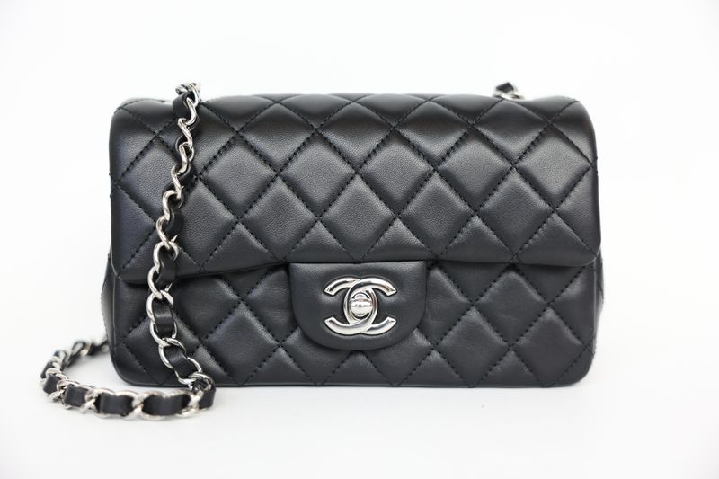 Chanel Classic Rectangular Mini Flap Bag, Black Quilted Lambskin and Silver Hardware, Preowned in Dustbag WA001
