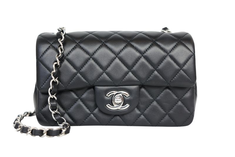 Chanel Classic Rectangular Mini Flap Bag, Black Quilted Lambskin and Silver Hardware, Preowned in Dustbag WA001